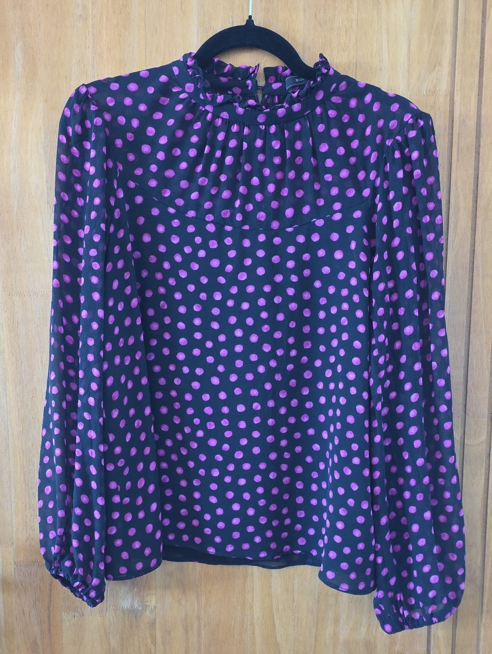 BCBGMaxAzria Black Blouse with Purple Polka Dots